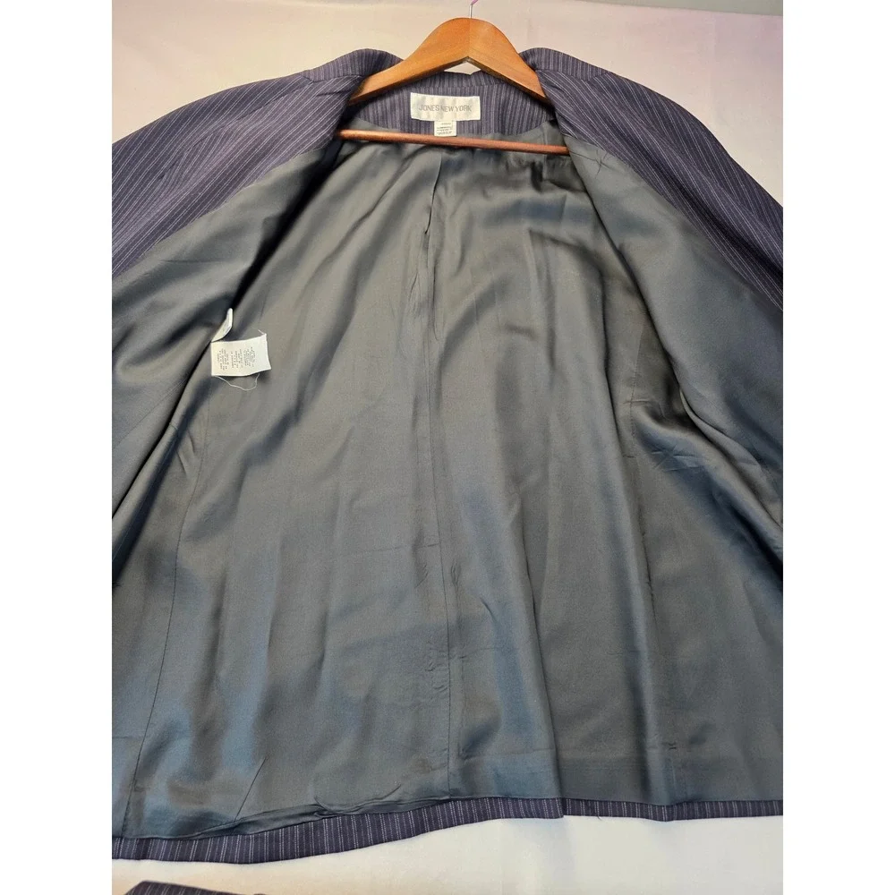 Jones New York Pinstripe Worsted Wool Suit Set Navy Blazer 18W Pants 16W USA